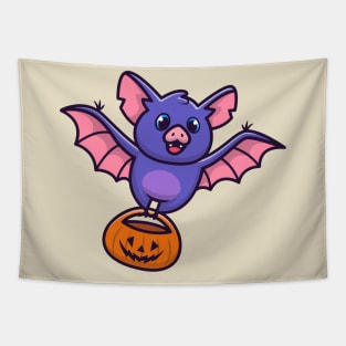 Cute Bat With Pumpkin Halloween Cartoon Tapestry