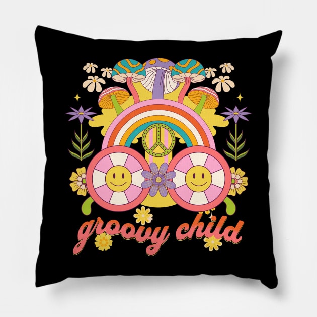 Groovy Child Retro Hippie Design in Bold Colors Pillow by EndlessDoodles