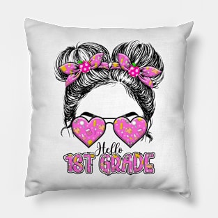 Kids Hello First Grade Messy Bun Girls 1st Grade Back To School Pillow