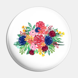 Navy Blue and Red watercolor boho chic Flowers hand paint Pin