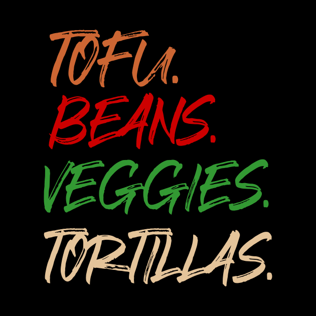 Tofu. Beans. Veggies. Tortillas. Grunge vegan burrito ingredients by Rocky Ro Designs