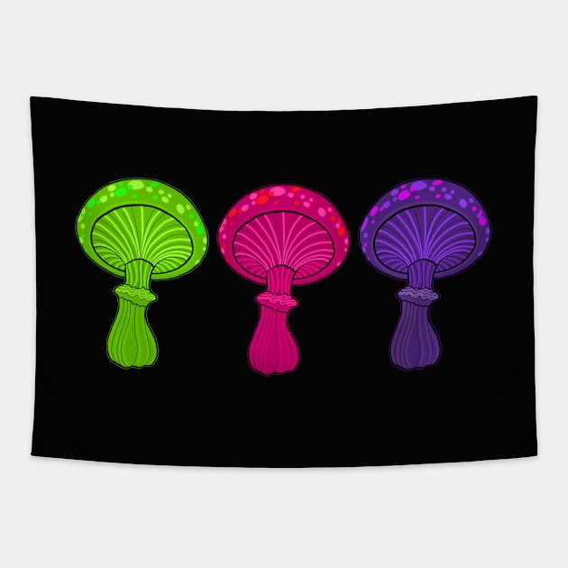 Three New School Mushrooms Dancing In A Row Tapestry by ckandrus