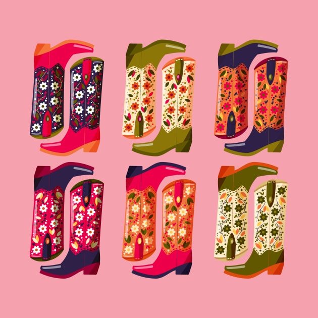 Collection of hand drawn cowboy boots decorated with flowers on pink background. Vibrant and colorful vector illustration. by BlueLela