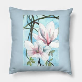 Watercolour painting of pink magnolia flowers Pillow