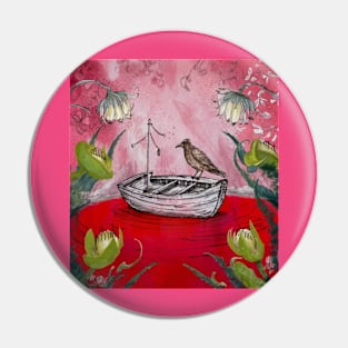 AI generated floral lake crow on boat Pin