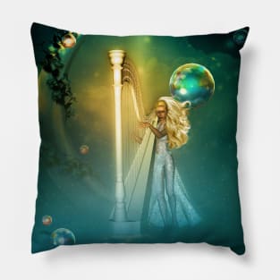 Beautiful fairy playing a harp in the sky Pillow