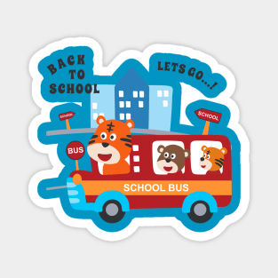 School bus cartoon. Cute animal in school bus. Magnet