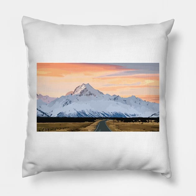 Mt Cook Sunset Digital Painting Pillow by gktb