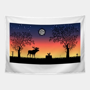 Moose and Squirrel Sunset Tapestry