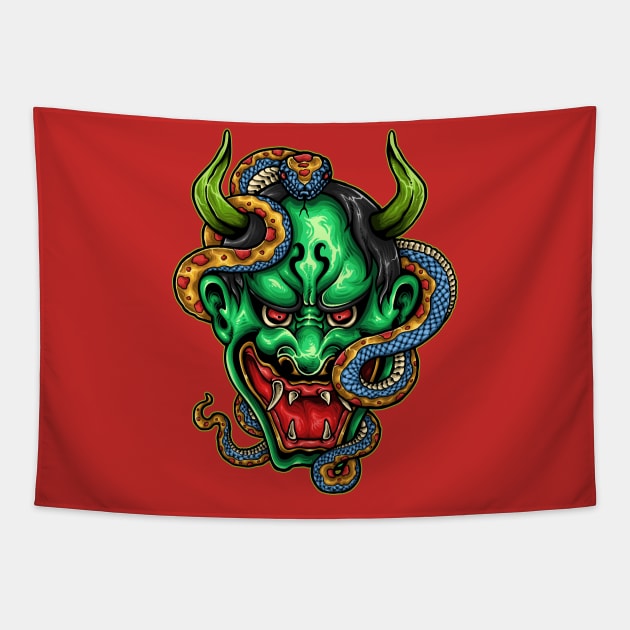 Japanese Demon with Snake Tapestry by Printaha