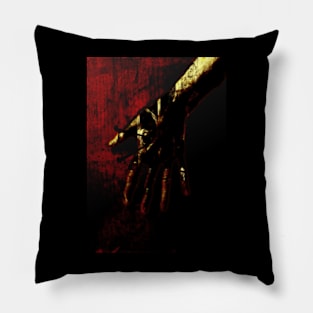 Digital collage, special processing. Hand, mystic. Ugly grainy texture on close up, so beautiful on distance. Dark, dim, gold. Pillow