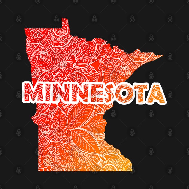 Colorful mandala art map of Minnesota with text in red and orange by Happy Citizen