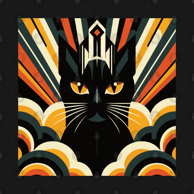 Art Deco Black Cat with Crown: A Royal Feline Portrait by KittyKanvas Creations