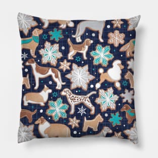 Catching ice and sweetness // pattern // navy blue background gingerbread white brown grey and dogs and snowflakes turquoise details Pillow