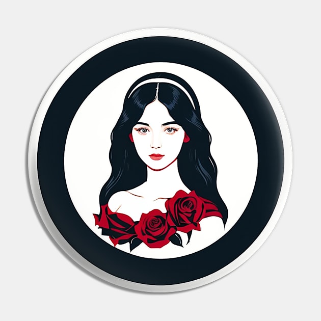 Gothic Woman with Black Hair and Red Roses Pin by CursedContent