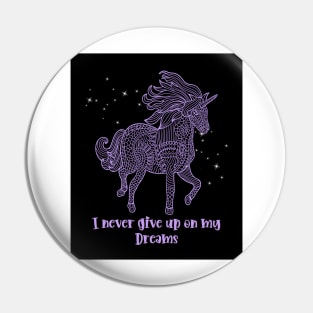 I Never Give Up On My Dreams Beautiful Purple Geometrical Unicorn With Sparkle Pin