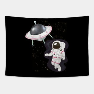 Ufo alien funny cute flying spaceship astronaut moon mars cosmic forest Tapestry