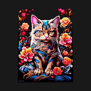 A Feline Friend Amidst a Floral Tapestry T-Shirt