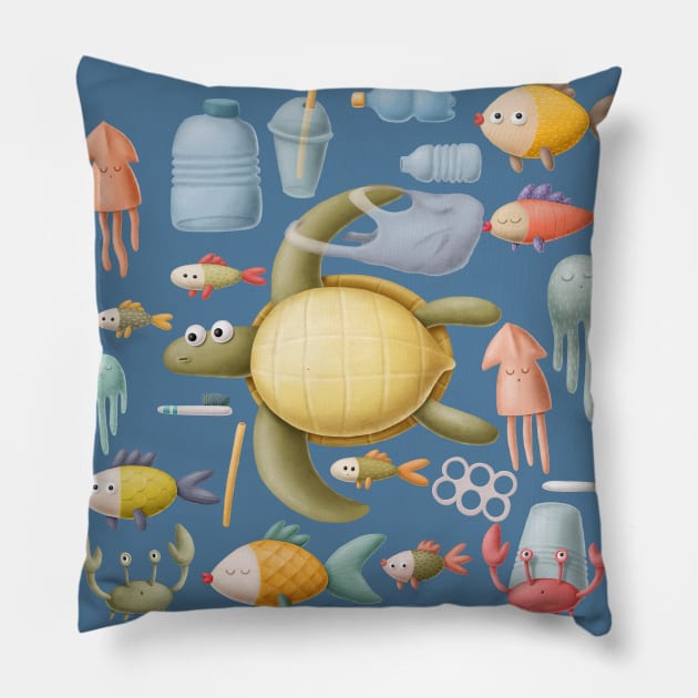 Plastic ocean with turtle and fishes. Pillow by CaptainPixel