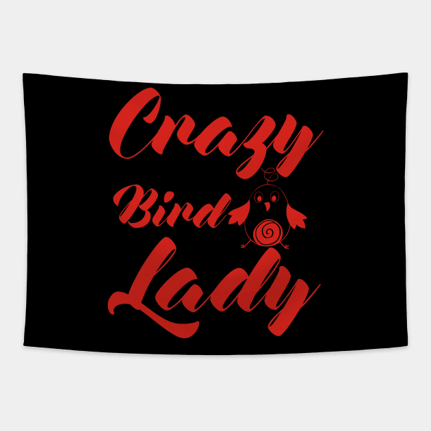 Crazy Bird Lady Red Tapestry by BIGduit