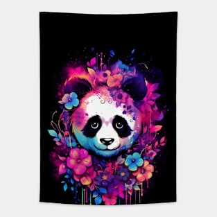 Pretty panda surround in bright colorful tropical flowers Tapestry