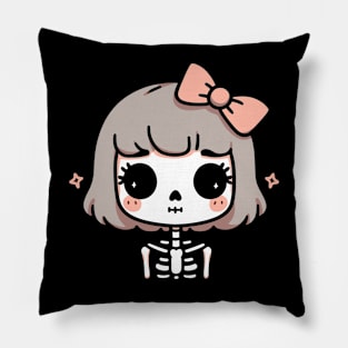 Kawaii Skeleton Girl with a Bow | Cute Halloween Skeleton Design for Girls Pillow