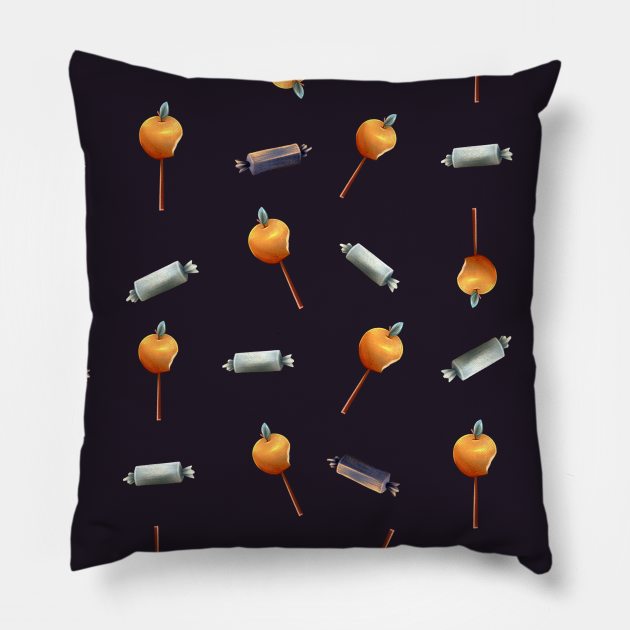 Pattern Halloween apples and candies Pillow by Karmellime