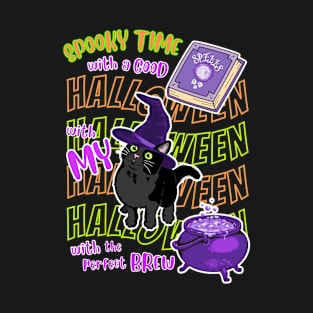 Spooky Time Black Halloween Cat Spell Book Witches Brew T-Shirt