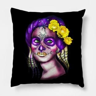 Dia De Los Muertos Skull Girl with Roses Pillow