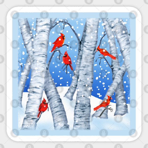 Red Cardinals In Birch Trees And Winter Snow Cardinal Birds