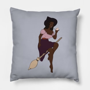 Beautiful Black Witch Flying On Her Magic Broom Pillow