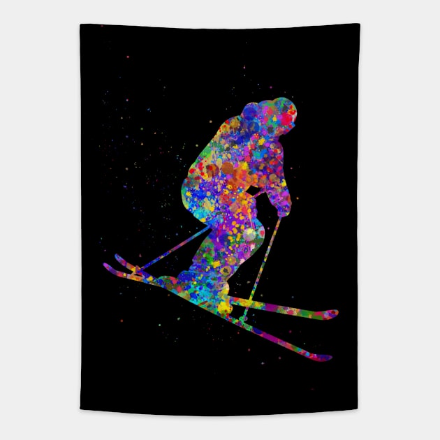 Ski player watercolor art Tapestry by Yahya Art