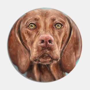 Painting of a Cute Hungarian Vizsla Looking Directly at you on a Blue Background Pin