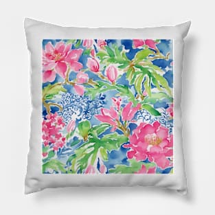 Pink, blue and green preppy flowers and leaves watercolor doodle Pillow