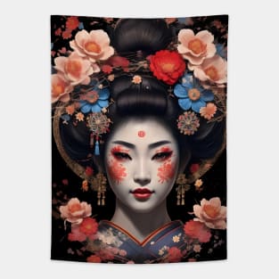 Geisha Portrait with Fall Flowers Tapestry