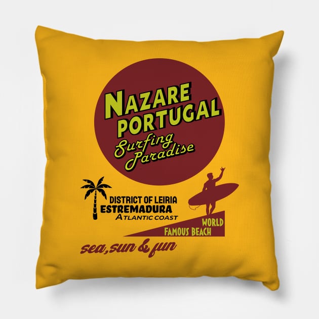 Nazare, Portugal Surf Vintage Pillow by Alexander Luminova