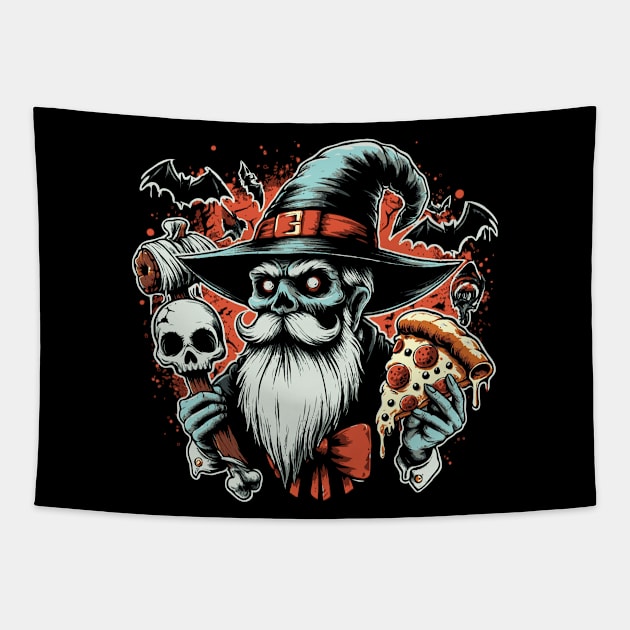 Pizza Wizard Vintage Horror Design Tapestry by Trendsdk