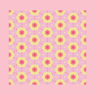 Kaleidoscopic shapes with 1960s flowers, in pastel pink and yellow T-Shirt