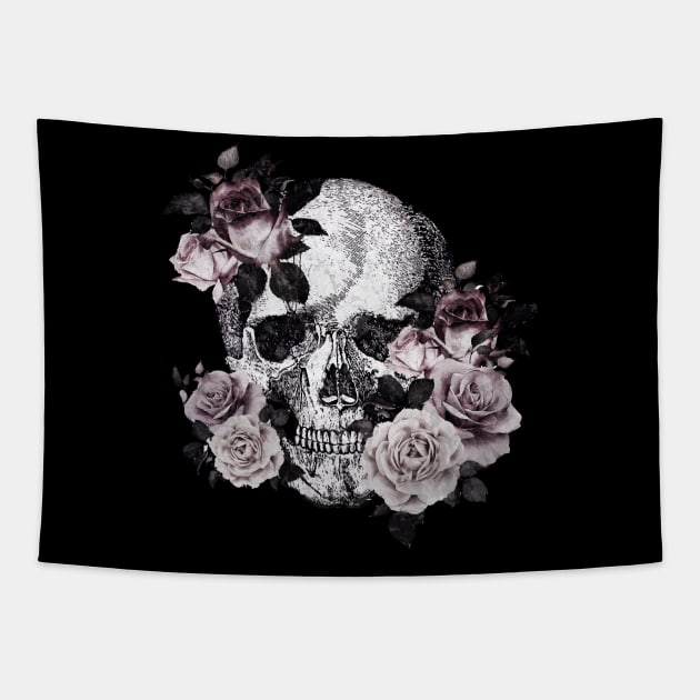 Tribe skull art design with roses Tapestry by Collagedream