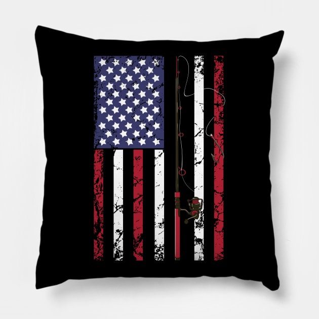 Vintage USA Fishing Rod American Flag Tee Fish Fishing Gift Pillow by Proficient Tees