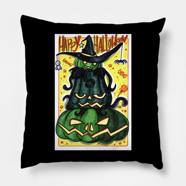 Happy Halloween Stack of Green Pumpkins Pillow by saradaboru