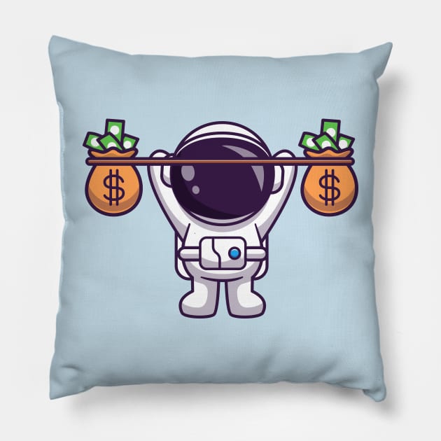 Cute Astronaut Lifting Money Bag Cartoon Pillow by Catalyst Labs