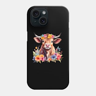 A bull decorated with beautiful watercolor flowers Phone Case