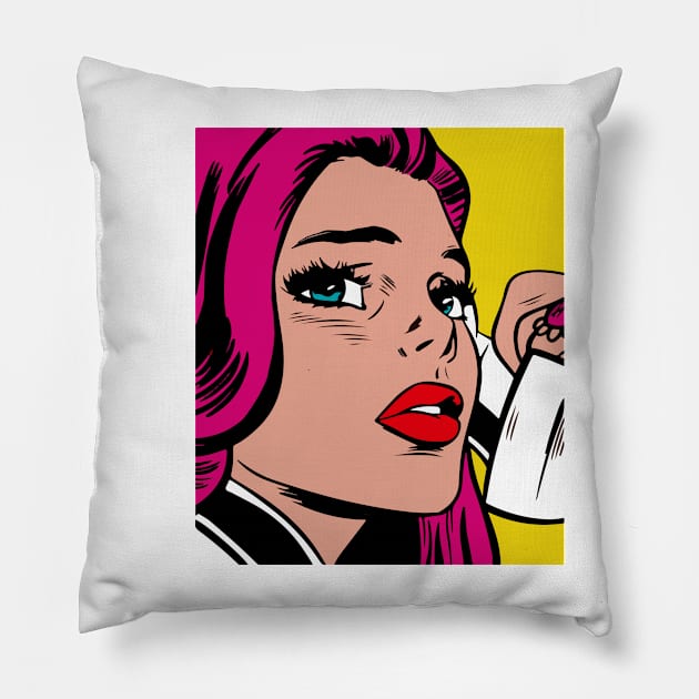 Retro girl on the phone Pillow by Print&fun