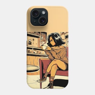 Woman drinking coffee in warm living room. Minimalist lineart Phone Case