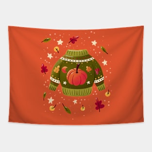 Christmas holiday sweater with cute pumpkin and leaves. Colorful winter festive illustration. 02 Tapestry