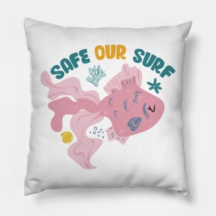 Safe our Surf quote with cute sea animal fish, starfish, coral and shell Pillow