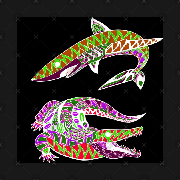 shark and alligator attack ecopop tribal totonac pattern art by jorge_lebeau