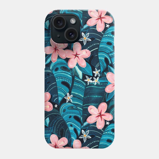 Moody Tropical Pattern in Cyan and Sapphire with Pink Phone Case by micklyn