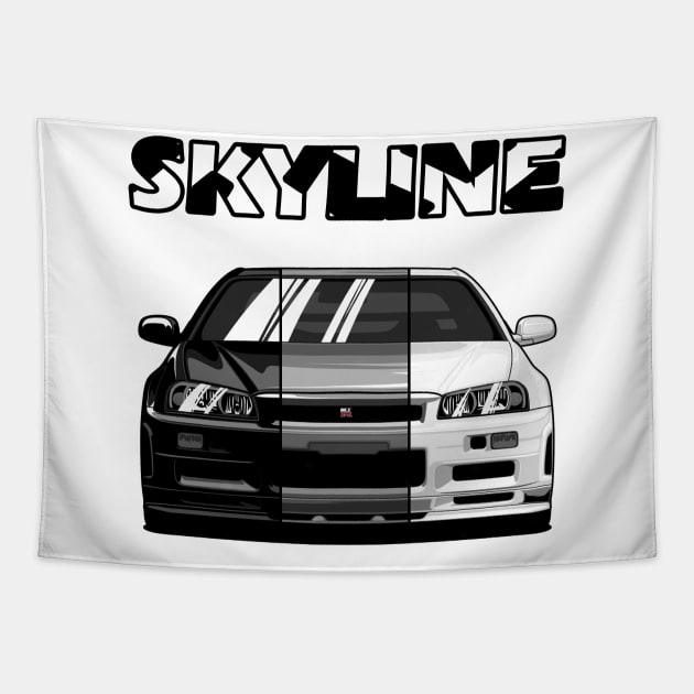 Nissan Skyline r34 GTR White Grey and Black, JDM Car Tapestry by T-JD